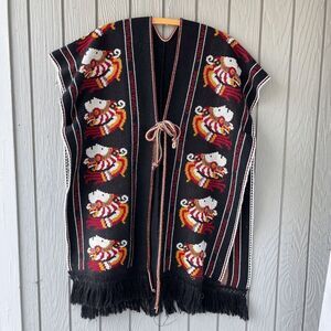 Vintage 70s Knit Aztec Festival Poncho Travel with Fringe, Tie Front